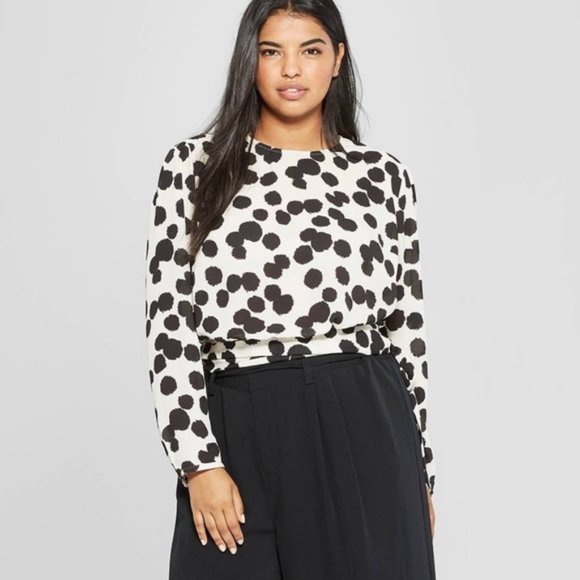 Who What Wear Tops - Who What Wear Tie Waist Black/White Polka Dot Blouse Top